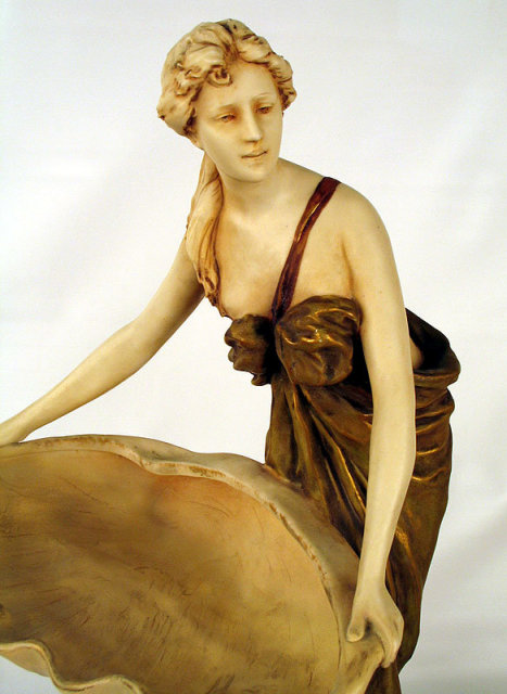 QUALITY LARGE ROYAL DUX BOHEMIA SIGNED HERMAN SCHUBERT WOMAN WITH BOWL CLASSIC FORM