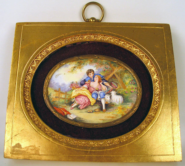 OUTSTANDING EARLY SWISS ENAMEL PLAQUE IN FRAME ANTIQUE COURTING SCENE