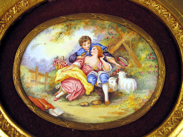 OUTSTANDING EARLY SWISS ENAMEL PLAQUE IN FRAME ANTIQUE COURTING SCENE