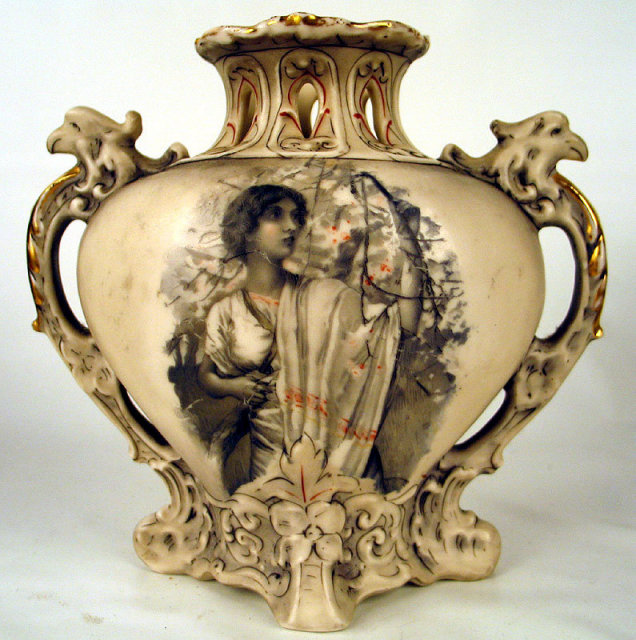 UNUSUAL ROYAL DUX RETICULATED BOHEMIA VASE W GRIPHONS EAGLES