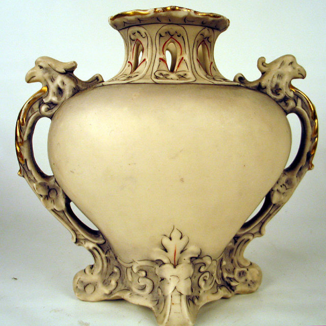 UNUSUAL ROYAL DUX RETICULATED BOHEMIA VASE W GRIPHONS EAGLES