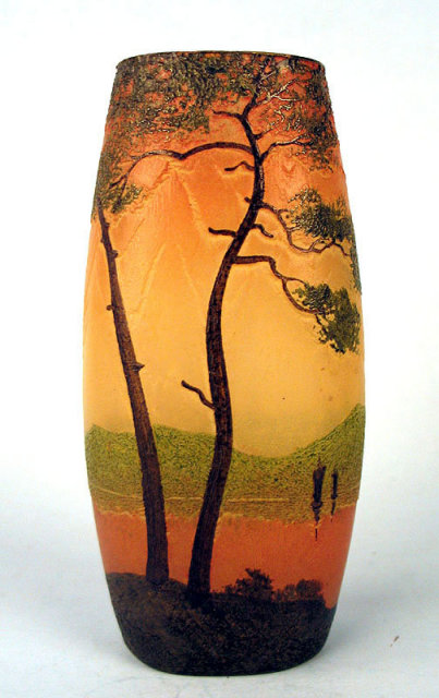 FINE LEGAS ENAMELED AND CAMEO GLASS VASE SUNSET BOATS