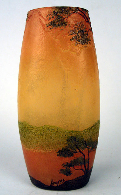 FINE LEGAS ENAMELED AND CAMEO GLASS VASE SUNSET BOATS