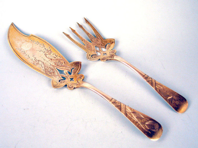 OUTSTANDING WHITING STERLING SILVER FISH SET VERY HEAVY VICTORIAN FANCY