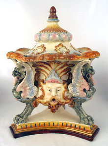 OUTSTANDING ANTIQUE GERMAN MAJOLICA COVERED URN / VASE GRIFFON HEADS