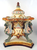 OUTSTANDING ANTIQUE GERMAN MAJOLICA COVERED URN / VASE GRIFFON HEADS