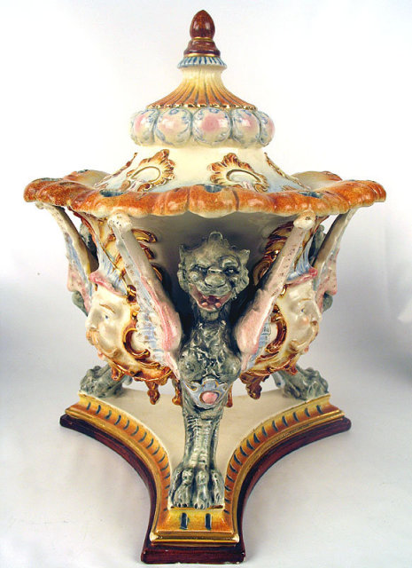 OUTSTANDING ANTIQUE GERMAN MAJOLICA COVERED URN / VASE GRIFFON HEADS