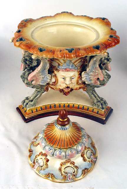 OUTSTANDING ANTIQUE GERMAN MAJOLICA COVERED URN / VASE GRIFFON HEADS