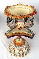 OUTSTANDING ANTIQUE GERMAN MAJOLICA COVERED URN / VASE GRIFFON HEADS