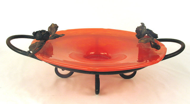 SIGNED SCHNEIDER ART GLASS COMPOTE IN MAJORELLE WROUGHT IRON FRAME