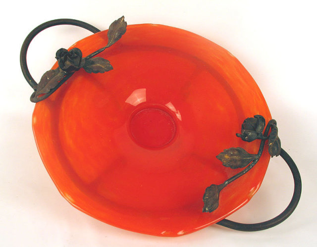 SIGNED SCHNEIDER ART GLASS COMPOTE IN MAJORELLE WROUGHT IRON FRAME