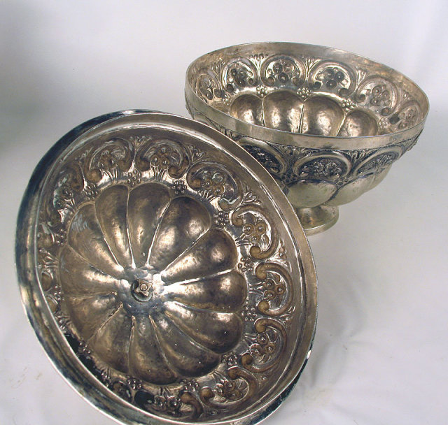 OUTSTANDING COLONIAL MEXICO SPANISH STERLING SILVER COVERED FOOTED BOWL MARKED