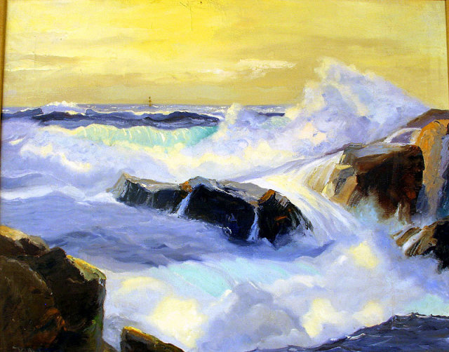POWERFUL COASTAL SEASCAPE OIL PAINTING BY CALIFORNIA ARTIST RUE LAU
