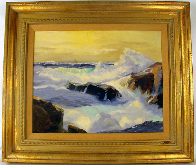 POWERFUL COASTAL SEASCAPE OIL PAINTING BY CALIFORNIA ARTIST RUE LAU