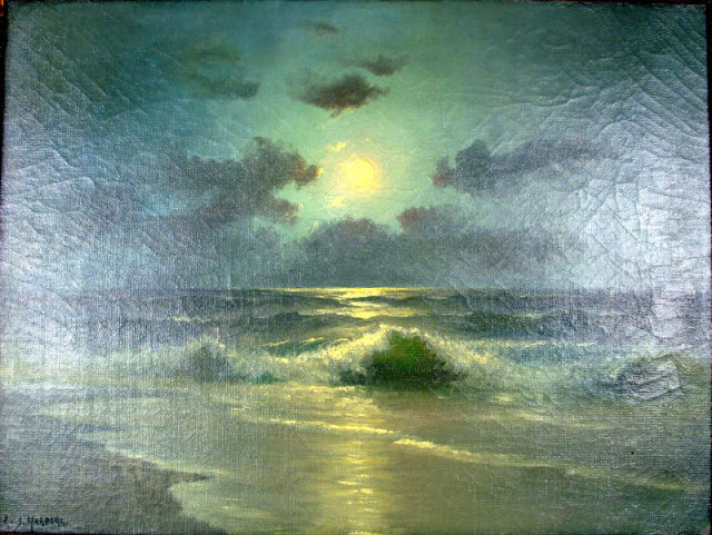 STUNNING CHARLES J HAGBERG PAINTING MOONLIT BEACH SCENE WELL LISTED