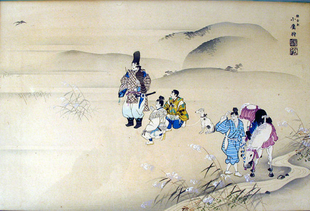 WONDERFUL JAPANESE WATERCOLOR AND GOUACHE FALCON HUNT