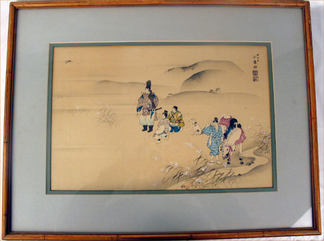 WONDERFUL JAPANESE WATERCOLOR AND GOUACHE FALCON HUNT