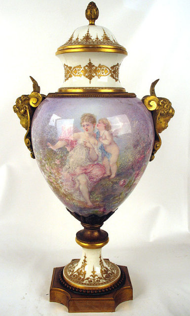 Fabulous Quality Sevres Urn w Cherub Handles Noveau Impressionist Style