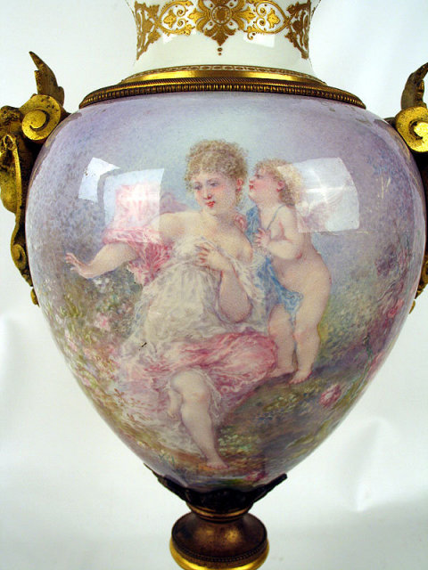 Fabulous Quality Sevres Urn w Cherub Handles Noveau Impressionist Style