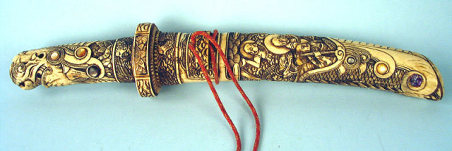 Incredible Wakazashi Or Tanto Bone And Ivory Shibayama Inlaid Japanese Meiji Sword Master Carving
