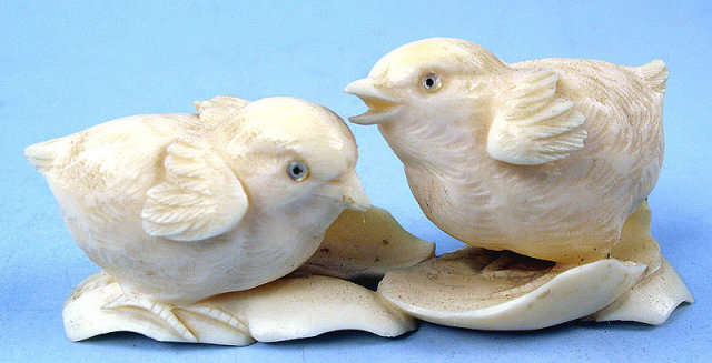 Spectacular Ivory Carving of Two Chicks Amazing Detail