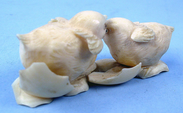 Spectacular Ivory Carving of Two Chicks Amazing Detail