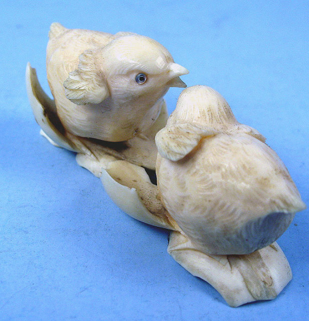 Spectacular Ivory Carving of Two Chicks Amazing Detail