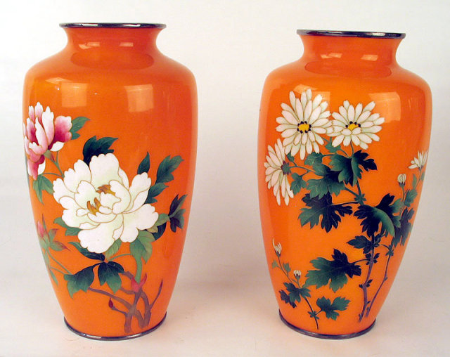 Fine Meiji Japanese Cloisonne Matched Orange Floral