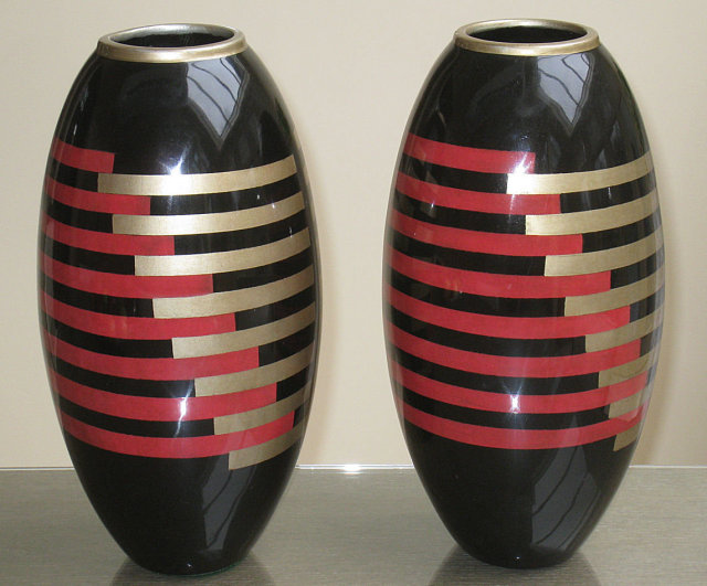 Pair Art Deco Enameled & Lacquered Vases After Paul Dunand
