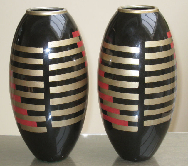Pair Art Deco Enameled & Lacquered Vases After Paul Dunand