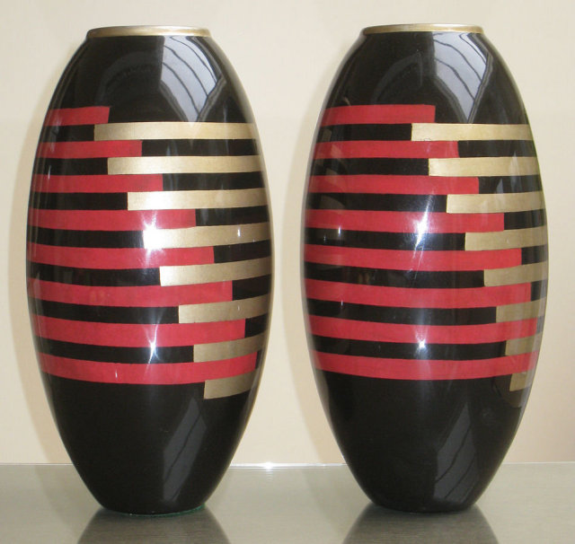 Pair Art Deco Enameled & Lacquered Vases After Paul Dunand