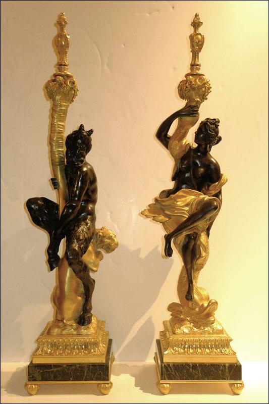 E.F. Caldwell Pair Gilt Bronze Satyr & Nymph Table Lamps