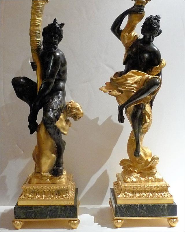 E.F. Caldwell Pair Gilt Bronze Satyr & Nymph Table Lamps