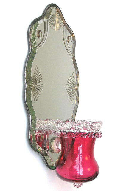Antique Ruby Red Glass Mirrored Girandole Sconce