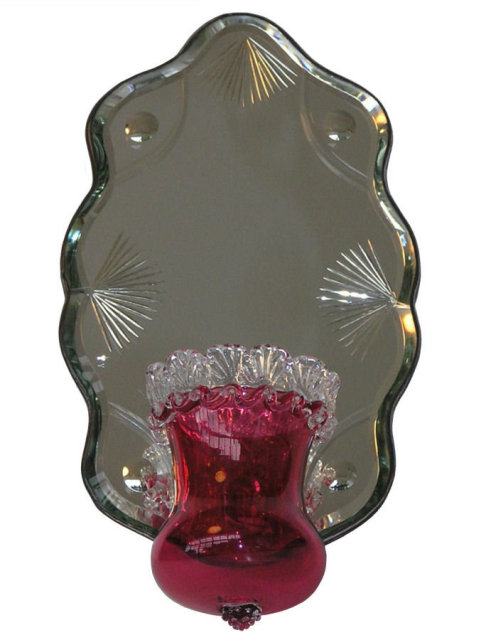 Antique Ruby Red Glass Mirrored Girandole Sconce