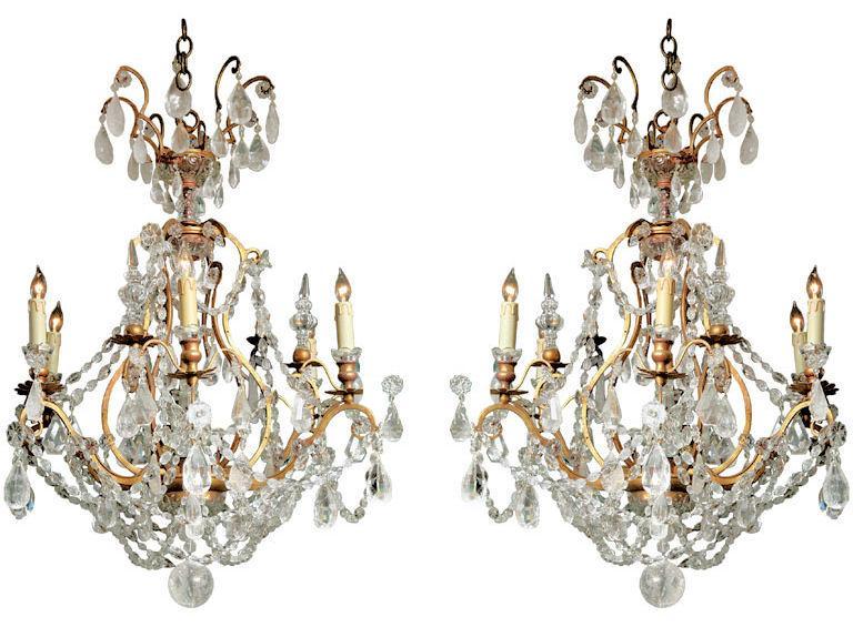 Pair of French Louis XVI Style Gilt Metal Crystal & Rock Crystal Chandeliers