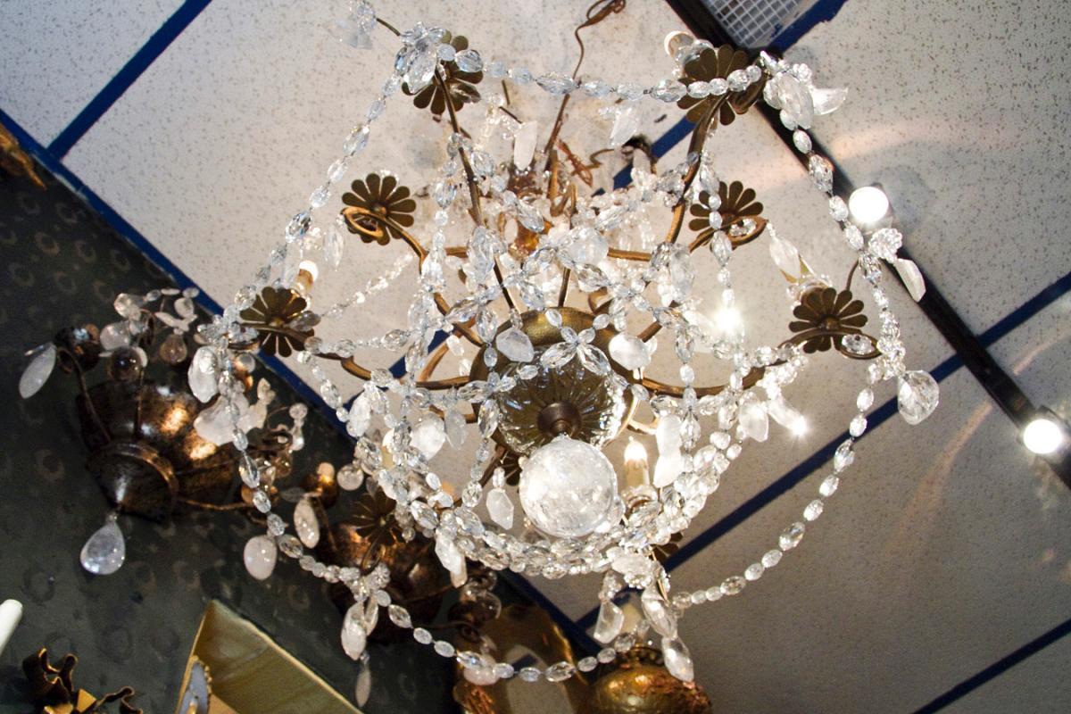Pair of French Louis XVI Style Gilt Metal Crystal & Rock Crystal Chandeliers