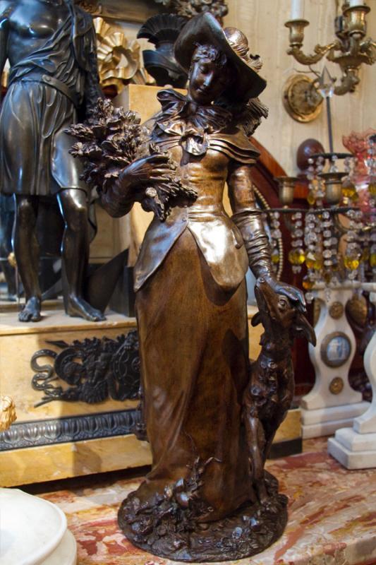 Bronze of Lady and Hound Dog by Adrien-Etienne Guadez 1845-1902