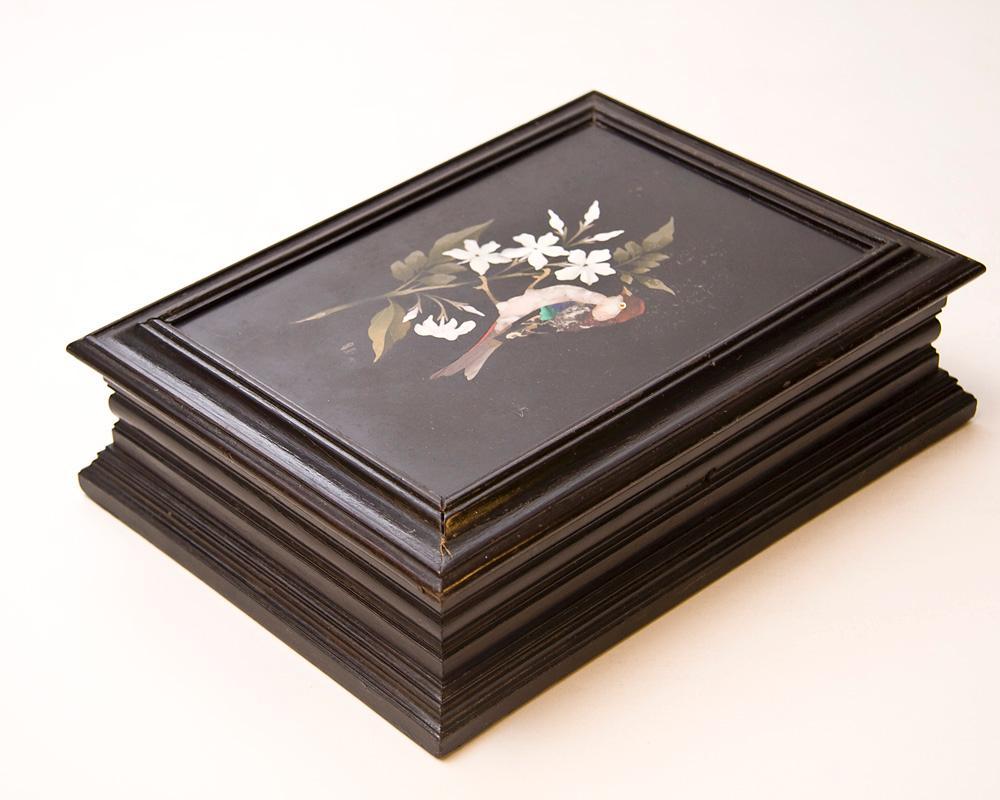 Antique Italian Pietra Dura Inlaid Ebonized Cigar Box