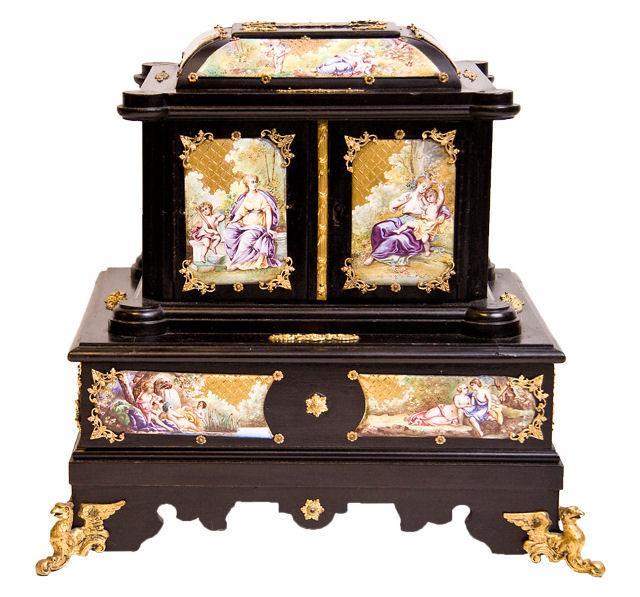 Antique Austrian Viennese Ebonized & Enamel Jewelry Chest
