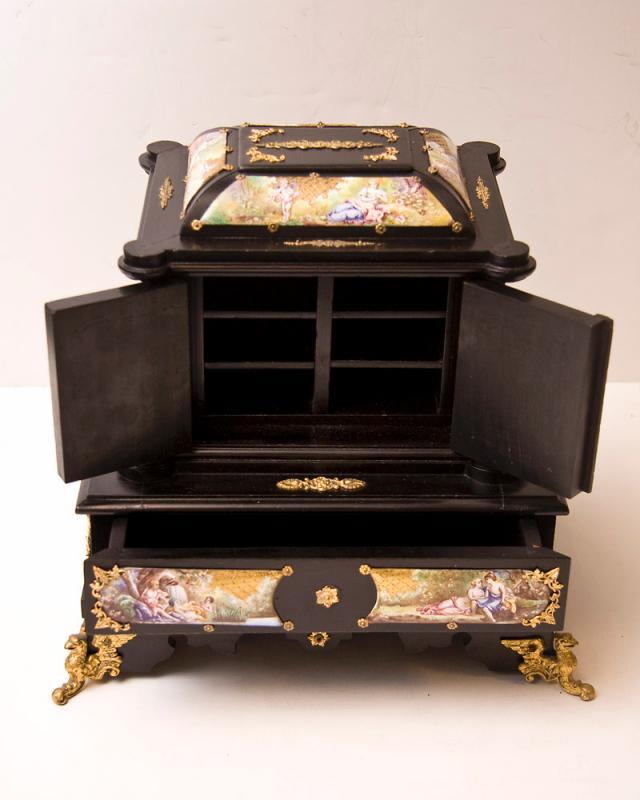 Antique Austrian Viennese Ebonized & Enamel Jewelry Chest