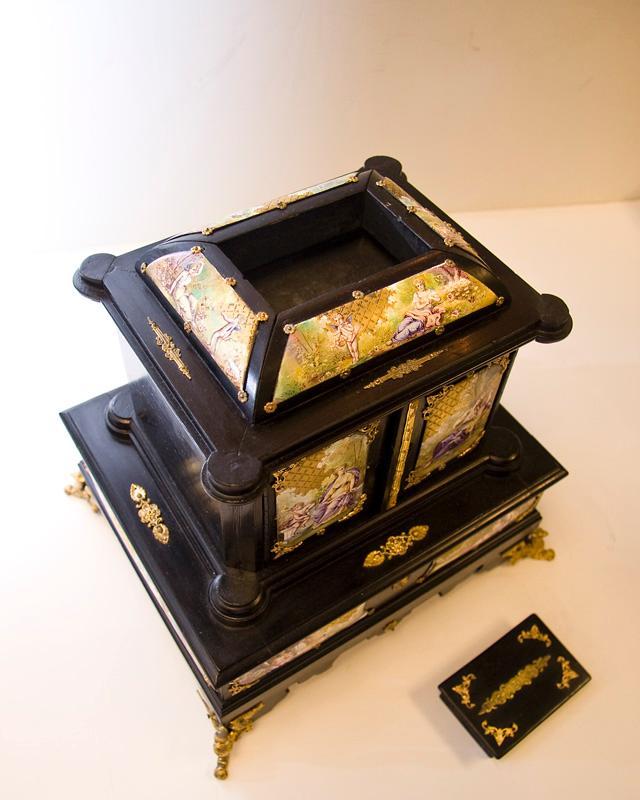 Antique Austrian Viennese Ebonized & Enamel Jewelry Chest