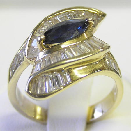 Marquise Sapphires Diamonds 14K Gold Ring