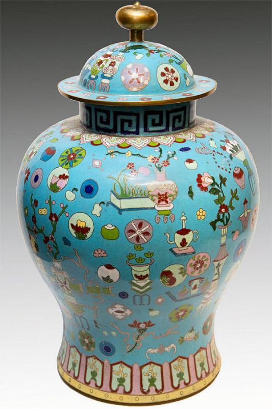 Antique Chinese Kuang Hsu Turquoise Cloisonne Vase with Precious Objects Motif