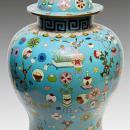 Antique Chinese Kuang Hsu Turquoise Cloisonne Vase with Precious Objects Motif