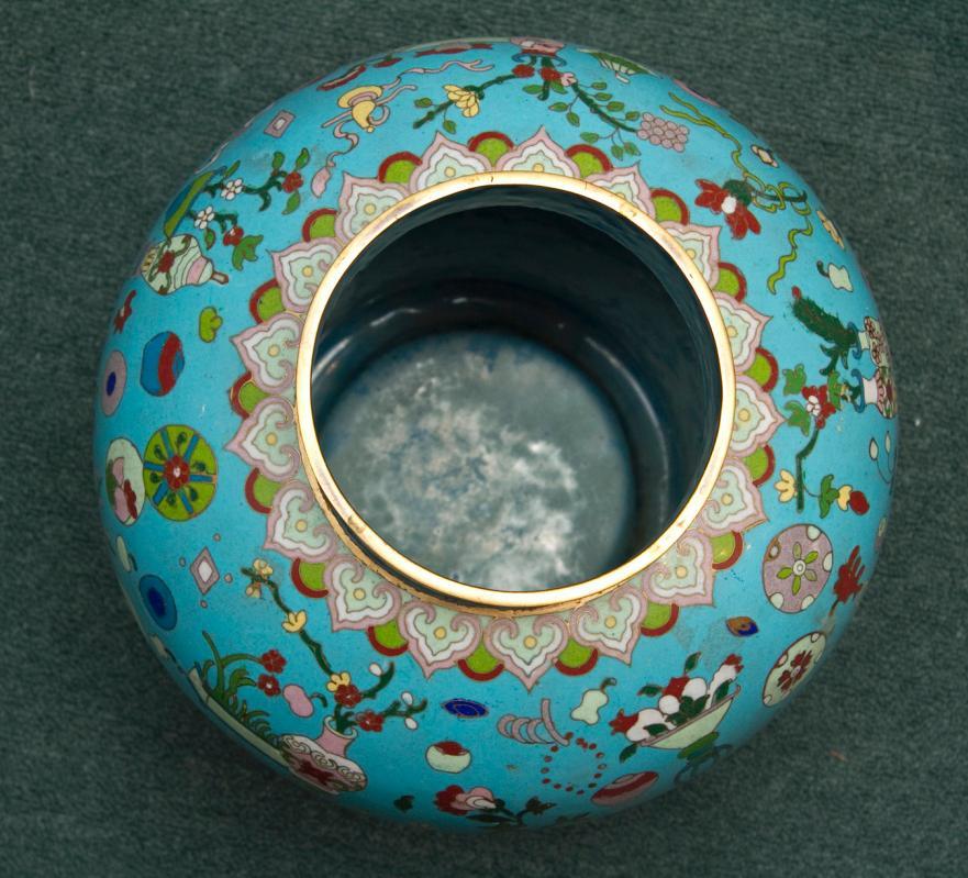 Antique Chinese Kuang Hsu Turquoise Cloisonne Vase with Precious Objects Motif