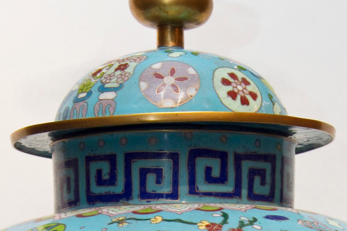 Antique Chinese Kuang Hsu Turquoise Cloisonne Vase with Precious Objects Motif