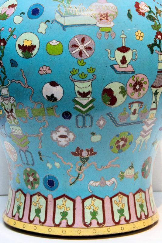 Antique Chinese Kuang Hsu Turquoise Cloisonne Vase with Precious Objects Motif