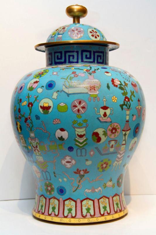 Antique Chinese Kuang Hsu Turquoise Cloisonne Vase with Precious Objects Motif
