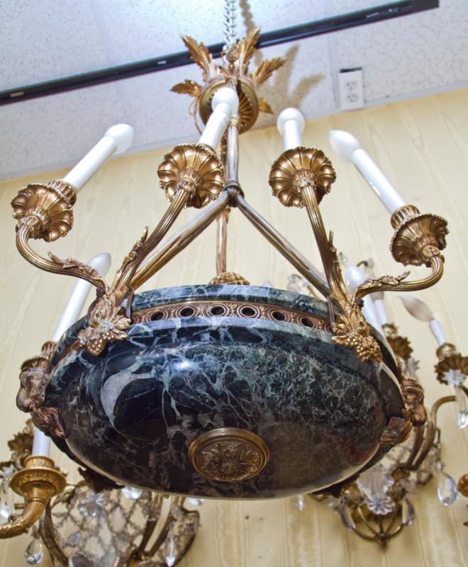Antique French Regency Empire Style 8-Candle Gilt Bronze & Marble Chandelier